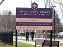 Health-care workers head out for a walk at Hotel-Dieu Grace Healthcare on Prince Road in December 2020.