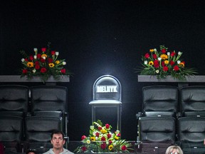 A chair in his box that sat empty, surrounded by flowers, was a special tribute for the late Eugene Melnyk.