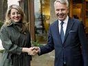Canadian Foreign Minister Mélanie Joly and Finland's Foreign Minister Pekka Haavisto at the Finnish Government Guest House in Helsinki on Monday.