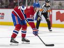 Montreal Canadiens defenseman Justin Barron lines up for a faceoff during third period against the Ottawa Senators in Montreal on April 5, 2022.