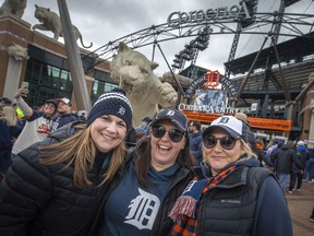 Windsorites, from left, Erin Evon, Rebecca Ross, and Sarah Johnson, attend opening day at Comerica Park in Detroit, MI, where the Detroit Tigers are hosting the Chicago White Sox to kick off the 2022 season of Major League Baseball, on Friday, April 8, 2022.
