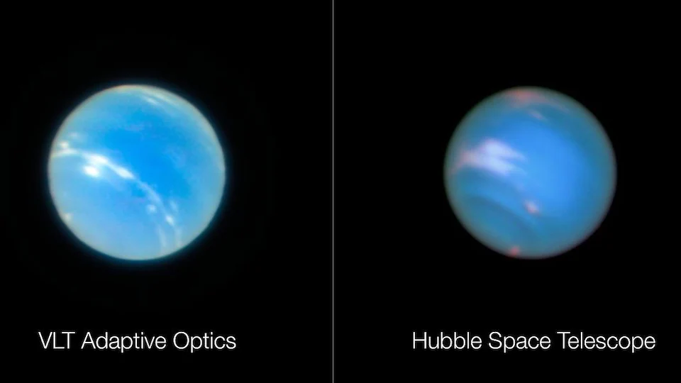 Images de Neptune captées par le Très Grand Télescope et par Hubble.