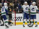 Canucks center Elias Pettersson (second from right) celebrates after scoring one of his two goals on the night against the Vegas Golden Knights during their NHL game in Las Vegas last Wednesday.