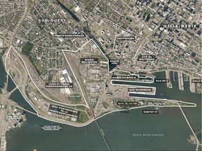 The 2.3-square-kilometre Bridge-Bonaventure area, stretches from the western edge of the Old Port to the entrance to the Champlain Bridge.  The area is outlined in white.