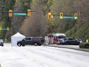 A tree fell across Marine Way in South Vancouver on Tuesday afternoon April 12, 2022, killing one person in a vehicle.