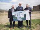 From left, Jim Steele, CEO of the Windsor Essex Community Housing Corporation, Drew Dilkens, mayor of Windsor, and Adam Vaughan, parliamentary secretary to the minister of families, children and social development, are pictured at the site of a 10 story, 145 unit high rise at 3100 Meadowbrook Lane in Forest Glade, Tuesday, April 23, 2019. The development will have 76 affordable rental units and 69 units at market price.
