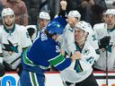 Canucks rookie Will Lockwood (left) got the better of San Jose's Noah Gregor last Saturday, at least according to a hockeyfights.com scorecard.
