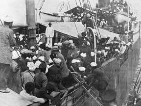 Crowded deck of the Komagata Maru in 1914.
