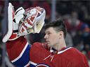 Apr 15, 2022;  Montréal, Québec, CAN;  Montreal Canadiens goalie Carey Price (31) puts his mask on before the game against the New York Islanders at the Bell Centre.  Mandatory Credit: Eric Bolte-USA TODAY Sports
