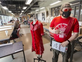 Brendan Riley, a student in the Fashion Design Technician Program at St. Clair College displays a look from his final collection before the upcoming Atelier Fashion Show, on Tuesday, April 19, 2022.