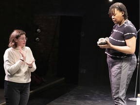 Director Rose Plotek, left, and actor Warona Setshwaelo discuss how to present a scene in A Play for the Living in a Time of Extinction.  Plotek promises a production that is aligned with the show's themes of sustainability.