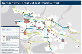 Blue lines indicate proposed new bus rapid transit (BRT) corridors prioritized by TransLink and the council of mayors.