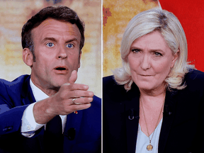 The candidate of the La Republique en Marche party, Emmanuel Macron, and the Rassemblement National candidate, Marine Le Pen, during a televised electoral debate on April 24, 2022.