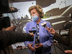 Helena Jaczek, Minister of Federal Economic Development Agency for Southern Ontario, speaks with the media following a tour of the VR Cave at the Invest WindsorEssex Automobility and Innovation Centre, on Thursday, April 21, 2022.