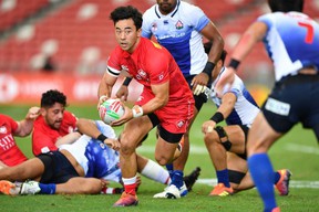 Canada's Nathan Hirayama makes a break for it against Japan at the 2019 Singapore Sevens.  'It's not going to be an overnight fix,' he says of reform at Rugby Canada.