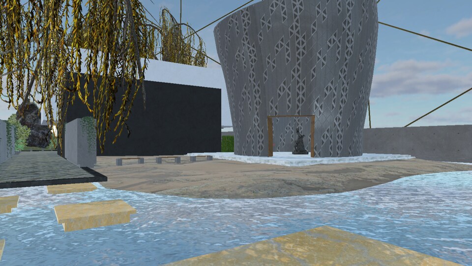Capture d'écran d'un monde virtuel avec des structures impossibles et des œuvres d'art. 