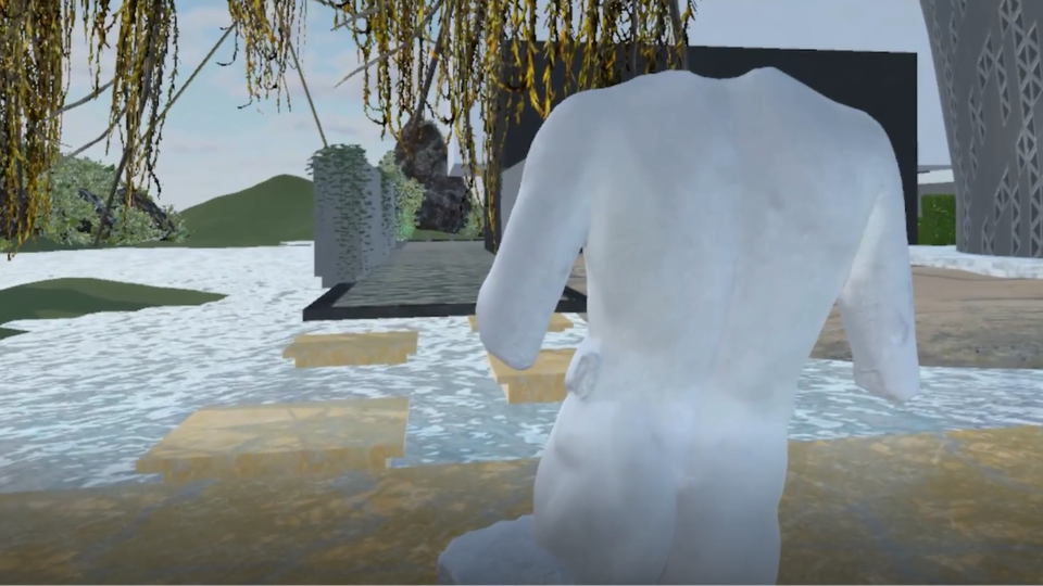 L'œuvre Apollon de dos dans un monde virtuelle. 