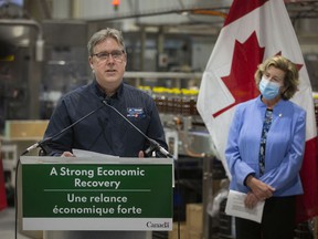 Andrew Conway, vice-president of Dimachem Inc., speaks during a press event after Minister Helena Jaczek made a funding announcement at the manufacturing plant, on Thursday, April 21, 2022.