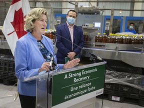 Helena Jaczek, Minister of Federal Economic Development Agency for Southern Ontario, is joined by MP Irek Kusmierczyk, as she makes a funding announcement at Dimachem Inc., on Thursday, April 21, 2022.