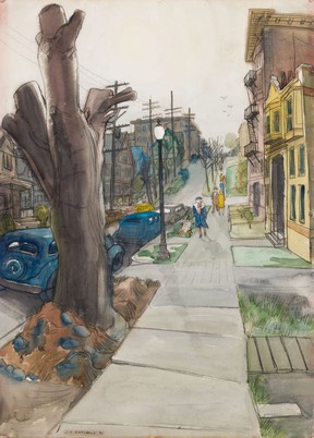 Jack Shadbolt's watercolor Thurlow Street, Sunday Morning has an estimate of $25,000 to $35,000.