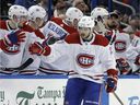The Canadiens have collected four of a possible 10 points in the first five games of their road trip, including one point Saturday after dropping a 3-2 shootout decision to the Lightning.  Above: Alex Galchenyuk celebrates after scoring in the second period on Saturday.