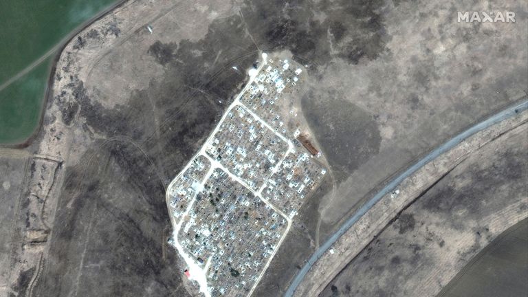 Satellite images appear to show mass graves east of Mariupol.  Photo: Maxar Technologies