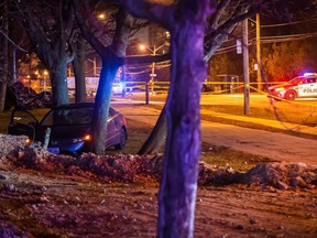 Toronto police are investigating after a man was found shot to death inside a car that crashed into a tree along Islington Ave. near Dixon Rd. on Wednesday evening.  (Victor Biro photo)