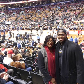 Grace Gayle and her son Jonathan, at the Raptors game on Grace's birthday, Feb. 22, 2017.