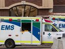 Alberta Health Services EMS ambulances are seen near the University of Alberta Hospital in Edmonton, on Tuesday, March 22, 2022. 