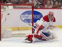 Montreal Canadiens goalie Carey Price (31) was unable to stop a shot from Ottawa Senators left wing Alex Formenton in the second period at the Canadian Tire Center on April 23, 2022.