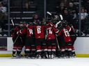 The Vancouver Giants celebrate Adam Hall's overtime winner in Friday's 5-4 triumph over the Everett Silvertips in Everett that gave Vancouver a 1-0 lead in their best-of-seven WHL Western Conference quarterfinal.  Game 2 is tonight in Everett. 