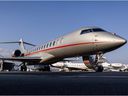 A Bombardier Global 7500 business jet is pictured during a presentation of the brand new aircraft from the global business aviation company at Geneva airport on March 3, 2022.