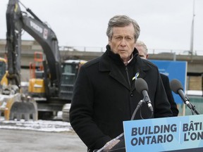Toronto Mayor John Tory speaks at a March 27, 2022 press conference about construction of the new Ontario subway line.