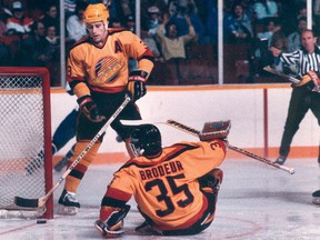Vancouver Canuck goaltender Richard Brodeur (30) and captain Doug Lidster during an April 1987 game.