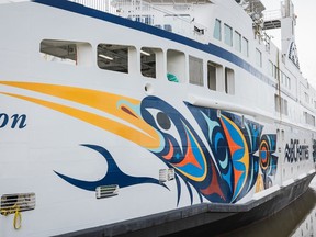 Coast Salish artist Maynard Johnny Jr. (whose Indigenous name is Thii Hayqwtun) traveled to Richmond, BC from his studio in Duncan in April 2022 to see his art unveiled on BC Ferries' latest vessel, the Salish Heron, pictured here.  It is the fourth Salish class vessel to be painted with Indigenous art.  The ship can carry at least 138 vehicles and up to 600 passengers and crew.