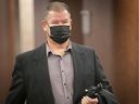 Retired SQ officer Denis Rioux leaves the courtroom on Thursday April 7, 2022, during a civil trial by technicians from the Metropolis who say their lives have been ruined following the night that Richard Henry Bain tried to kill PQ leader Pauline Marois on election night in 2012 Rioux said he 
