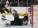 San Jose Sharks right wing Timo Meier, left, scores against Vegas Golden Knights goaltender Logan Thompson (36) during the third period of an NHL hockey game Sunday, April 24, 2022, in Las Vegas.
