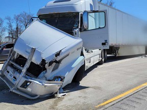 Damage to one of two transport trucks involved in a multi-vehicle collision on Highway 401 in the Chatham-Kent area on April 21, 2022.