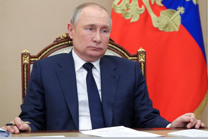 Russian President Vladimir Putin chairs a meeting of the Presidential Council for the Development of Physical Culture and Sport via video conference at the Kremlin in Moscow, Russia, on Tuesday, April 26, 2022. (Mikhail Klimentyev, Sputnik, Kremlin Pool Photo via AP)
