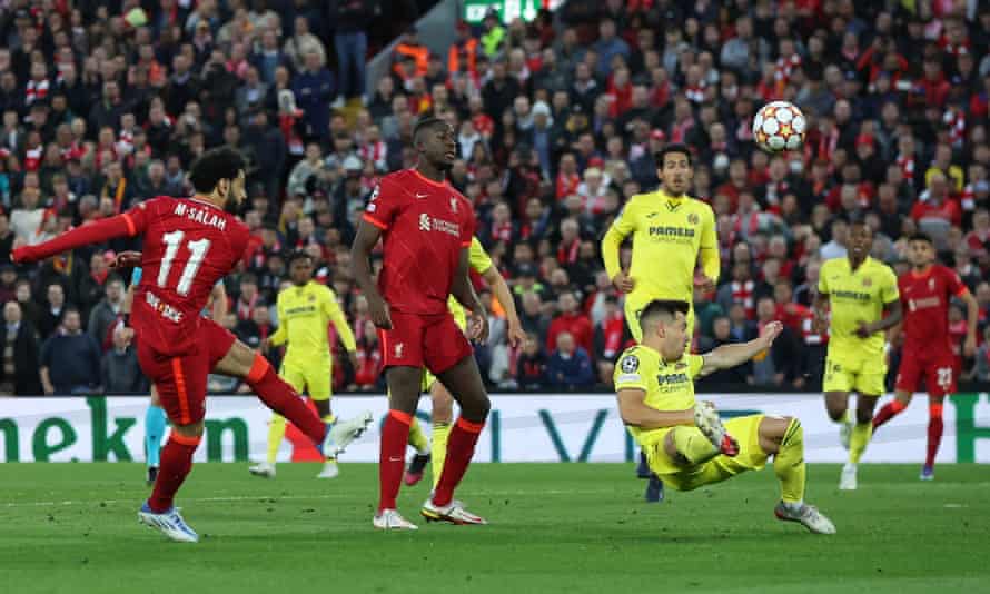 Liverpool's Mohamed Salah shoots on goal.
