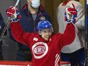 Brendan Gallagher celebrates during Montreal Canadiens practice at the Bell Sports Complex in Brossard on Tuesday, April 26, 2022.
