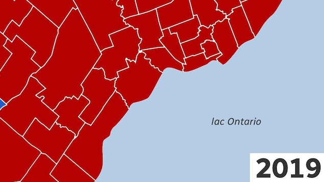 The map of the federal ridings of Greater Toronto, in 2019. Red still dominates.