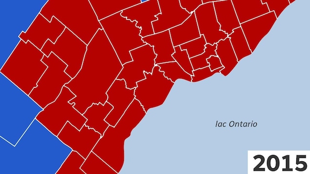The map of the federal ridings of Greater Toronto, in 2011. Red dominates.