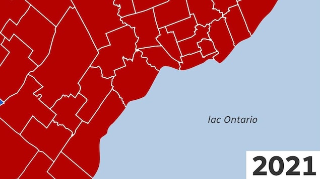 The map of the federal ridings of Greater Toronto, in 2021. Red still dominates.