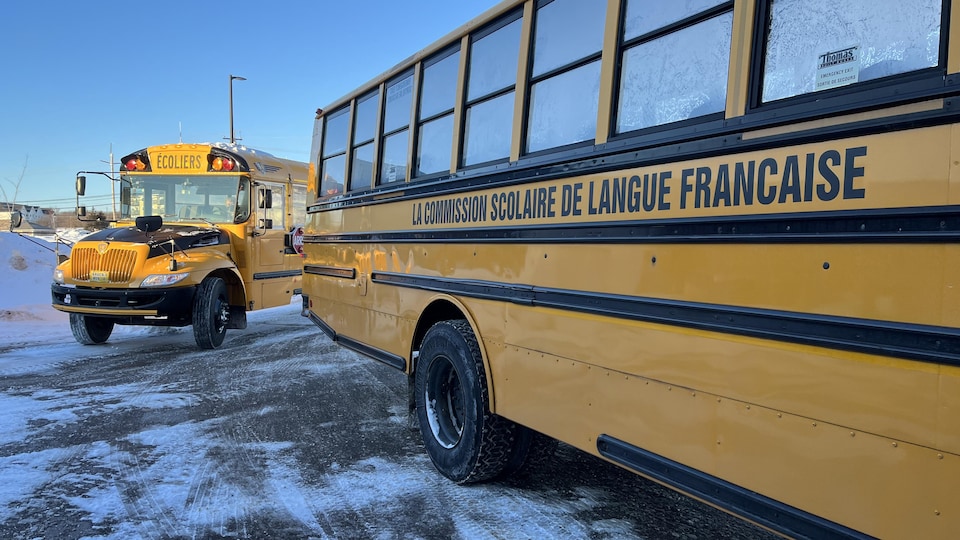 Two school buses arrive at a school.