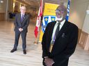 University of Windsor president Robert Gordon (left) announced Nov. 17, 2021, that Clinton Beckford (right), the school's vice-president of equity, diversity and inclusion, will provide diversity training for members of the former Delta Chi fraternity on campus for racist messages they sent in 2020.