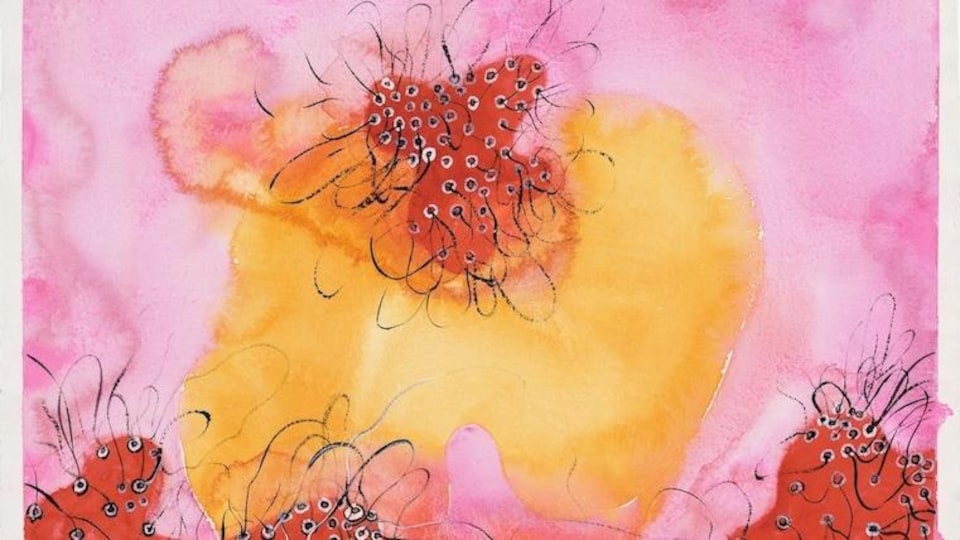 A watercolor on paper where the colors pink, yellow and orange dominate. 