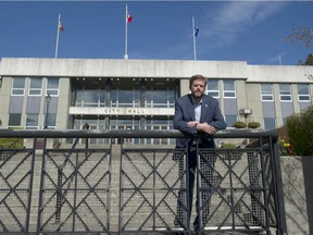 Jonathan Cote, mayor of New Westminster and Mayors Council chairman, outside New West city hall on April 14, 2020.