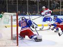 Canadiens' Jeff Petry celebrates his winning goal at 19:29 of the third period against Rangers' Alexandar Georgiev Wednesday night at Madison Square Garden in New York. 