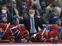 Canadiens head coach Martin St. Louis looks on during the first period against the Winnipeg Jets at the Bell Center on April 11, 2022.